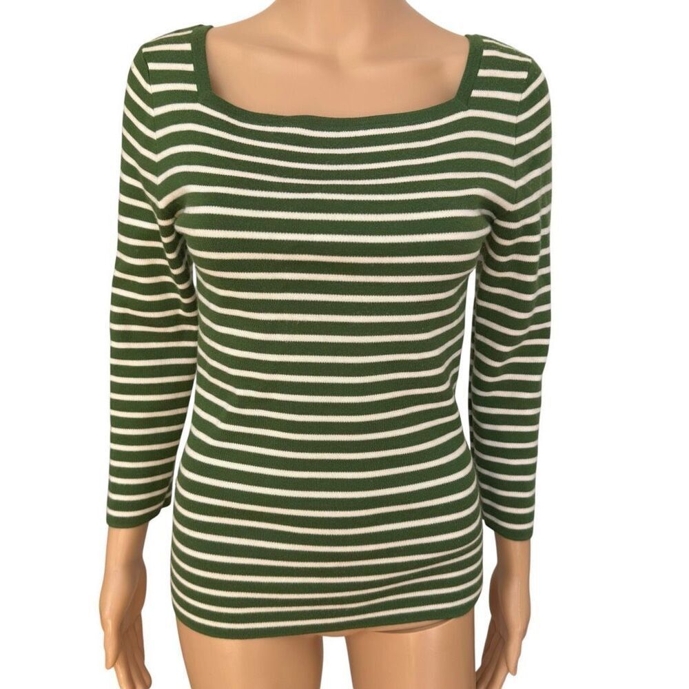 Michael Kors 100% fine-gauge Cashmere Green & White Striped Sweater Women’s Sz M